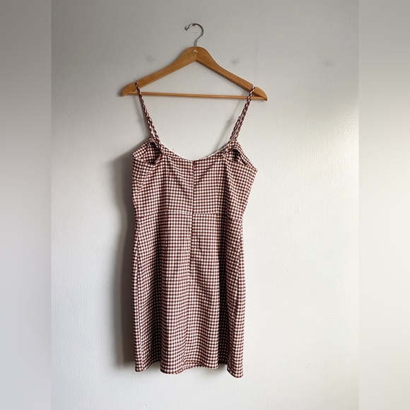 UO Gingham Brown Mini Dress Coquette Cottagecore Festival Outhold Boho Hipster L - Picture 3 of 12